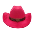 Rose red suede cowboy hat with leopard head buckle and textured brown decorative band - Rose Red (Leopard Head Belt)