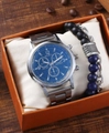 Men's silver quartz watch with blue dial and beaded bracelet in an orange gift box - Silver Band Blue Dial