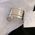 Polished silver wide open cuff bracelet with triple layered hollow geometric design - Silver Three-layer Horizontal Hollow Style