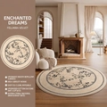 Französischer Vintage beige Rundteppich mit schwarzer Blumustextur und Rutschfest-Basis - Durchmesser 80cm / Traumgarten