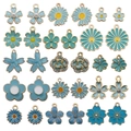 Colgantes de flores en esmalte azul incluyendo margaritas y rosas para bisutería DIY - 30 Unidades/Paquete / Mixto 30 Piezas Azul Lago