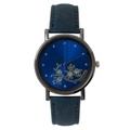 Women's fashion quartz watch with peacock blue leather strap and floral dial pattern - Blue