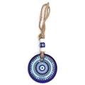 Detail of blue glass evil eye lucky charm with Crete text and braided hemp rope - Crete Letter Style (BE1688BU02)