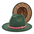 Detail view of dark green fedora hat featuring leopard print lining and pink buckled strap - M (56-58cm) / Dark Green
