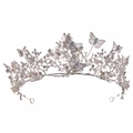 Elegant silver bridal crown featuring butterfly and floral patterns with crystals and pearls - Silver