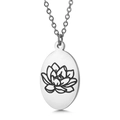 Silver stainless steel oval pendant necklace featuring an etched lotus flower design - July Water Lily (KN227540-Z)