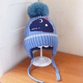 Blue knitted baby winter hat featuring a cute dinosaur embroidery and plush pom-pom - Dinosaur Ear Flap Blue