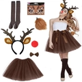 Christmas reindeer costume set with brown tutu skirt, antler headband and accessories - New Black Headband 7Pcs Set (Adult)