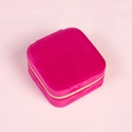 Portable rose pink velvet jewelry organizer with square shape and gold zipper closure - 10*10*5cm / Red