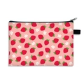 Pink waterproof cosmetic bag with strawberry print and floral patterns for women - Pink Base Strawberry White Flowers (07)