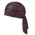 Elastic paisley durag in black and red with long tail and white contrast stitching - Black/Orange