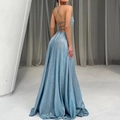 Elegant light blue backless sequin evening dress with cross straps and high slit detail - S / Sky Blue