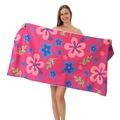 Microfiber beach towel with dark pink hibiscus floral print held by a model - 80*160cm / Hibiscus Floral