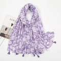 Detailansicht Lavendel-Leinenschal mit Gänseblümchen-Print und Quastenverzierung - XB1004-01 Lavendel Gänseblümchen Quasten