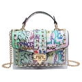 Transparent jelly handbag with colorful graffiti pattern and gold rivet chain strap - White With Handle