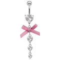 Detail view of heart-shaped white zircon belly ring with pink ribbon bow dangle - Pink
