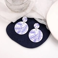 Blue and white porcelain style acrylic round drop earrings with elegant leaf patterns - Rhombus Leaf Style (E5780-3)