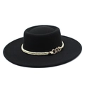 Classic black flat top wool felt hat with braided gold rope and metal chain trim - M (56-58cm) / Black