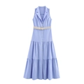 Abito lungo senza maniche azzurro in lino con scollo a V e cintura bianca intrecciata - XS / Azzurro
