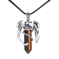 Pendentif dragon argenté avec pierre de cristal œil de tigre naturelle et cordon noir - Collier Oeil de Tigre (avec cordon)