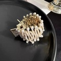 Elegant gold telescopic bird nest hair clip with white pearls for high ponytails - Crown Full Pearl Claw