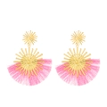 Bohemian fan-shaped tassel earrings with golden starburst design in pink and gold - Pink