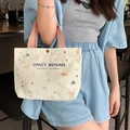 Minimalist beige canvas tote bag with pink straps and geometric pattern prints - Starry Sky