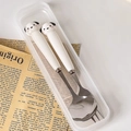 Compact stainless steel cutlery set with cute cartoon dog handles in a portable case - Pacha Dog Spoon Fork Set (With Box)