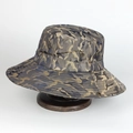 Outdoor camouflage sun hat with wide brim and breathable mesh vents on wooden stand - Adjustable / Yellow Camo