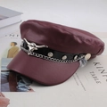 Burgundy faux leather baker boy hat with silver bull head and chain detail on magazines - One Size 58cm / Wine Red Bull Head Chain Style
