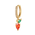 Detail of gold strawberry earrings with green leaves and inlaid red zircon gemstones - Gold Orange Carrot