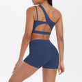 Marineblaues Set aus One-Shoulder-Sport-BH und Shorts mit hoher Taille und Rückenausschnitt - S / Marineblau