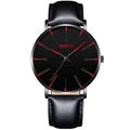 Men's quartz watch with black round dial, red indices and black leather strap on white background - Leather Strap Black Case Red Hands