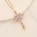18K gold plated cross necklace with purple zircon stones on a beige background - 7# Purple Grid