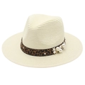 Detail of Panama straw hat featuring leopard print ribbon with pearls and 3D floral accents - Apricot