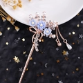 Elegant rose gold hair stick with blue flowers, pearls and flowing tassels - Rose Gold Blue Flower Pearl Rhinestone (FZ049)