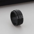 Cool black stainless steel spinning ring with embossed mantra and gear edge textures - Style B Black