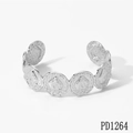 Silver stainless steel open bangle featuring engraved strawberry charms in a vintage style - Round Disc Relief Style (PD1264) / Silver