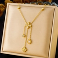 Elegant gold plated stainless steel necklace with four-leaf flower and teardrop pendants - Double Clovers One Water Drop Style (N3104)