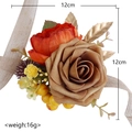 Handmade coffee rose boutonniere with orange flowers and gold leaves for weddings - Caramel Orange Wrist Corsage