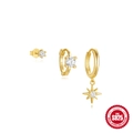 Three-piece gold S925 sterling silver earring set with star charms and zircon stones - 3Pcs Set-Gold Octagram
