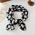 Floral cotton linen scarf with black base, white flower pattern and lace edges - Small Flower Black