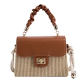 Straw box handbag with brown pleated handle and woven shoulder strap on white background - Brown