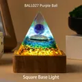 Orgonite energy pyramid with purple crystal ball and gold foil on square wood light base - BALL027+Wooden Base-Purple Ball/Green Stone/Light Base