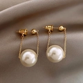 Elegant gold twist hoop earrings with large champagne pearls on luxury silk background - Double Chain White Imitation Pearl