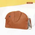 Mini genuine leather elephant coin purse in khaki brown with a metal keychain - Khaki/Earth Yellow