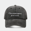 Retro washed charcoal baseball cap featuring Champagne please white cursive embroidery - Adjustable / Black