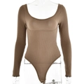 Detail of brown ribbed cotton long sleeve bodysuit showing U-neck on transparent mannequin - S / Khaki