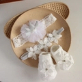 Detail of white lace baby headband set with fabric flowers and socks on ceramic plates - 4648 Three Flowers Headband + Socks