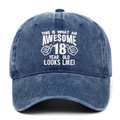 Detail of washed blue cotton baseball cap with 18th birthday embroidery text - Navy Blue